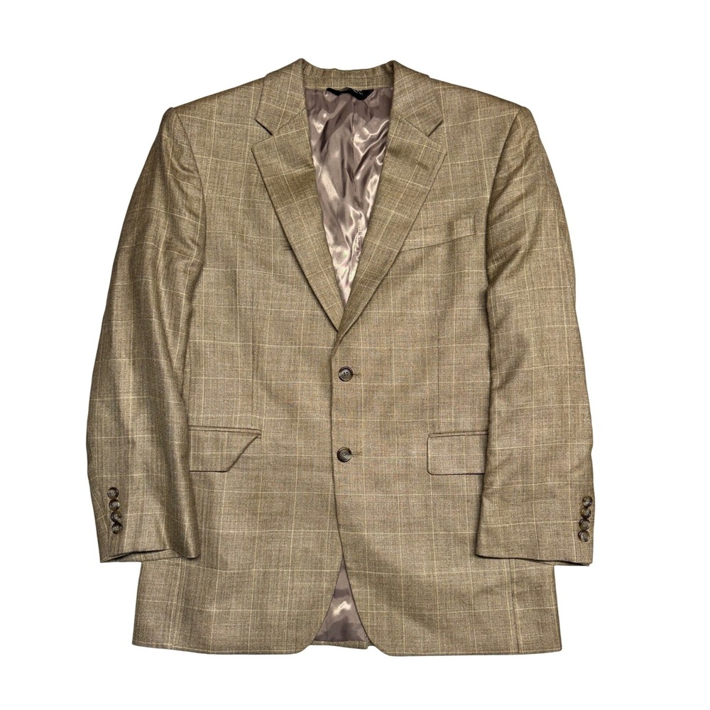 Jos A Bank Silk Wool Linen Blazer 39R Tan Brown Windowpane Plaid Sport Coat